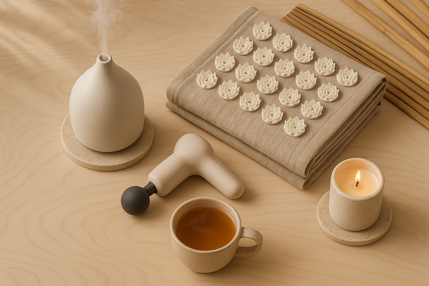 Une mise en scène lifestyle avec plusieurs produits ensemble : un diffuseur d’huiles essentielles, un tapis d’acupression plié, un appareil de massage portable, une bougie et une tisane.
Ambiance zen, fond clair et naturel (bois, pierre, bambou).
But = montrer la diversité de mes articles dans le meme theme beige
