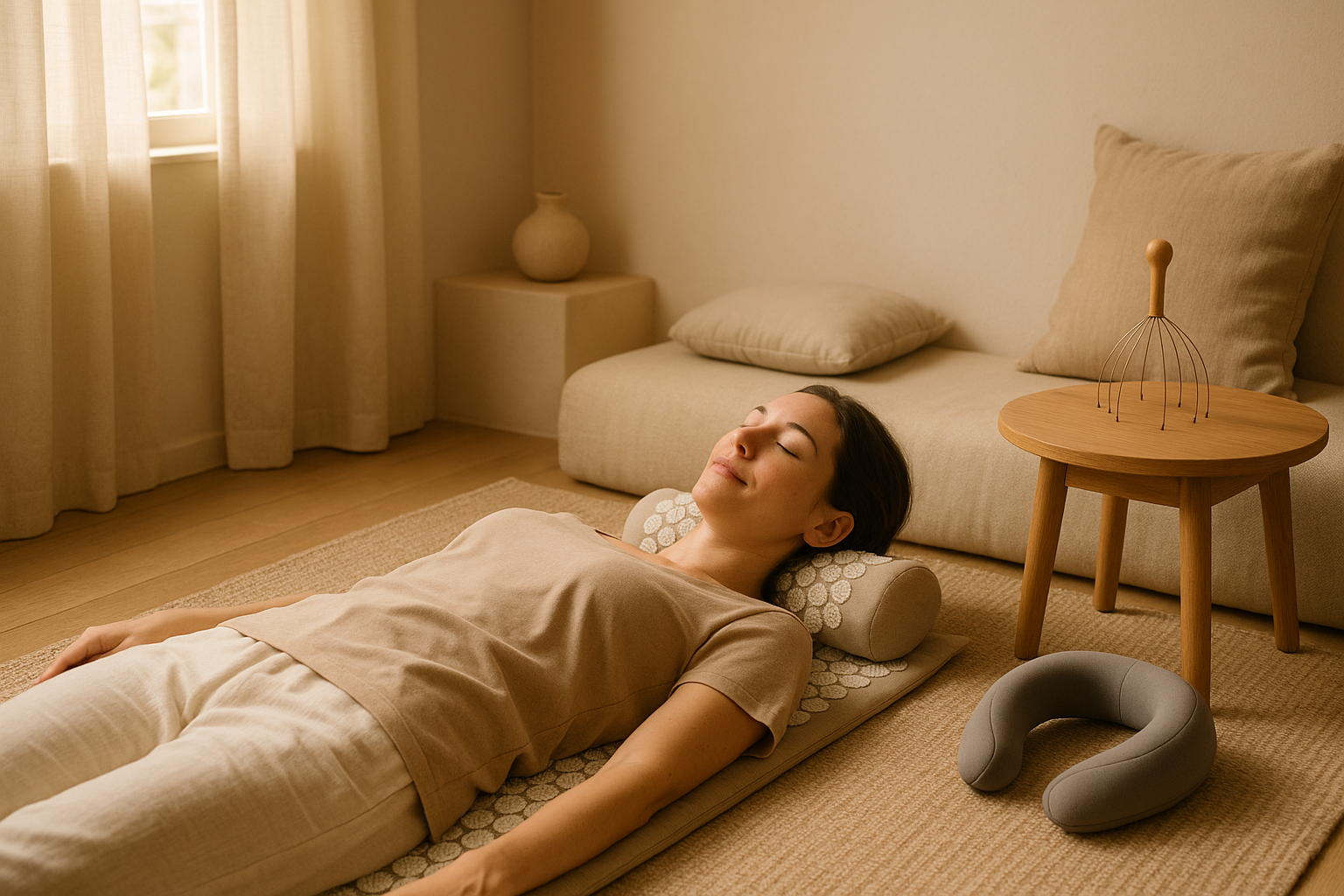 Une scène lifestyle zen : une personne détendue allongée sur un tapis d’acupression, un appareil de massage pour le cou posé à côté, et peut-être un petit outil de massage de tête posé sur une table.

Lumière naturelle douce, ambiance cosy dans le meme theme beige 
